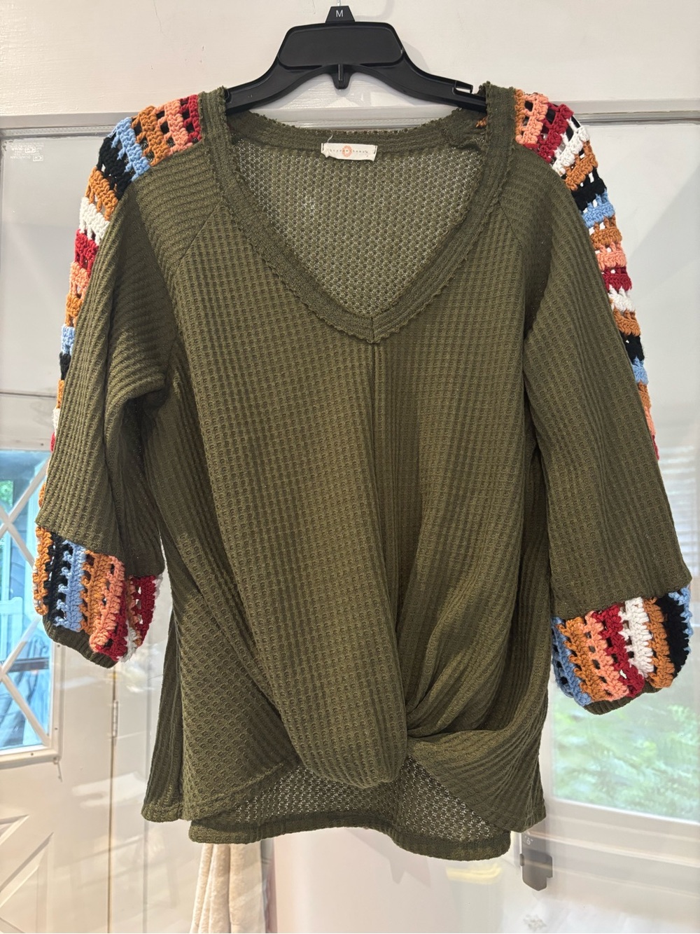 Chrysanthemum Olive Crochet-Trim V-Neck Knit Top